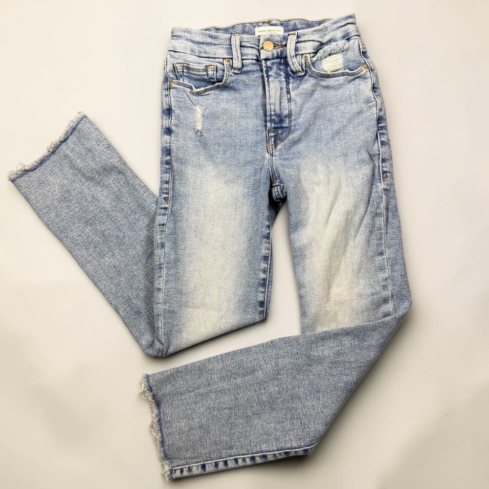Good American Good Legs Straight Jeans Indigo614 Light Wash Raw Hem Size 0 25